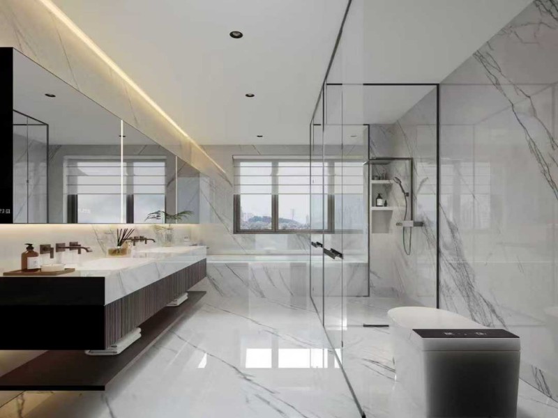 white marble bathroom wall and floor tiles
